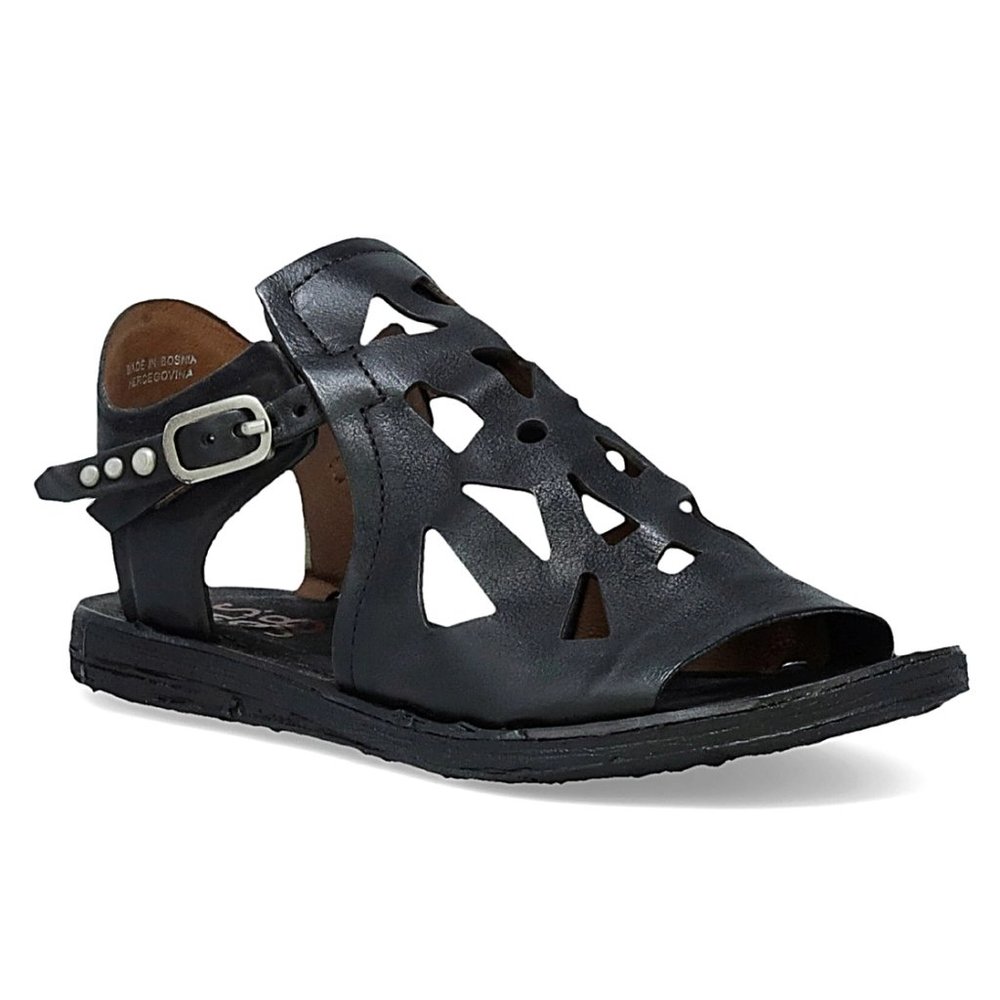 A.S.98 Black Cutout Leather Slingback Sandals